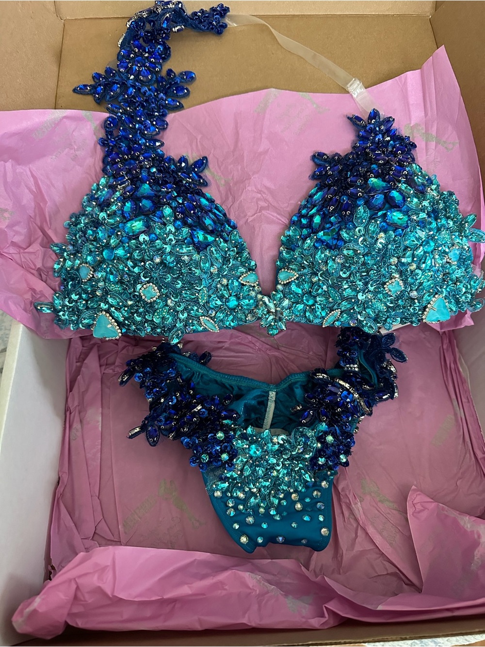 Angel Competition Bikinis WBFF Turquoise & Royal Blue Crystal Bikini Set